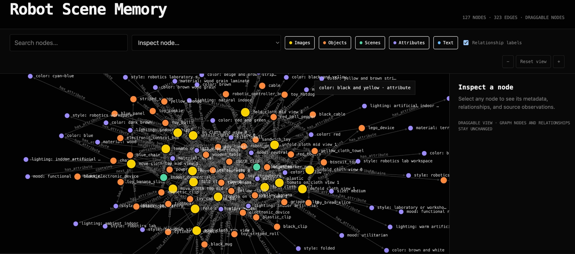 Robot Scene Memory knowledge graph with searchable, inspectable nodes